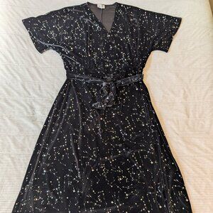 Unique Vintage silver constellations stars on black velvet wrap dress 2x 18 EUC